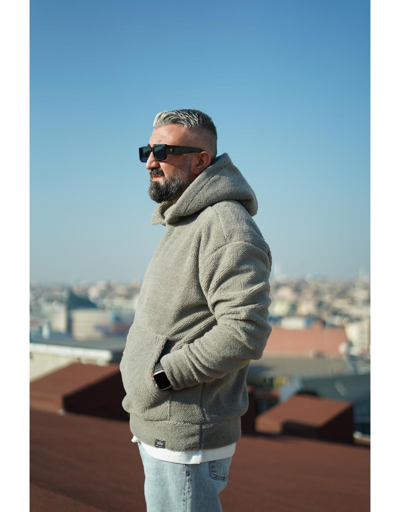 Erkek Kapuşonlu Kanguru Cepli Oversize Kalıp Peluş Sweatshirt