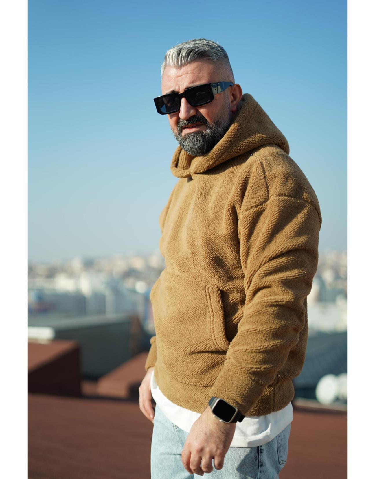 Erkek Kapuşonlu Kanguru Cepli Oversize Kalıp Peluş Sweatshirt