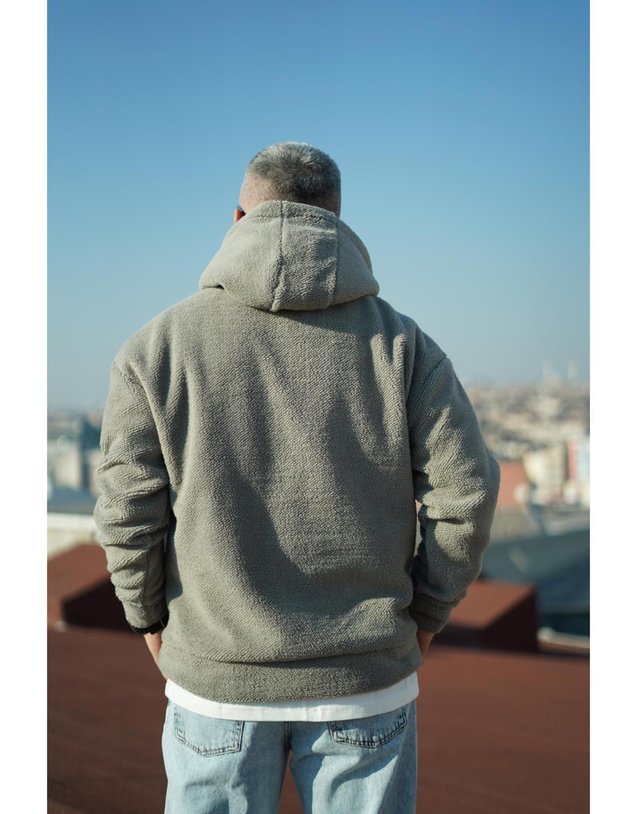 Erkek Kapuşonlu Kanguru Cepli Oversize Kalıp Peluş Sweatshirt