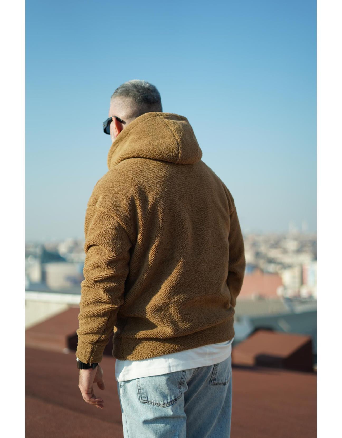 Erkek Kapuşonlu Kanguru Cepli Oversize Kalıp Peluş Sweatshirt