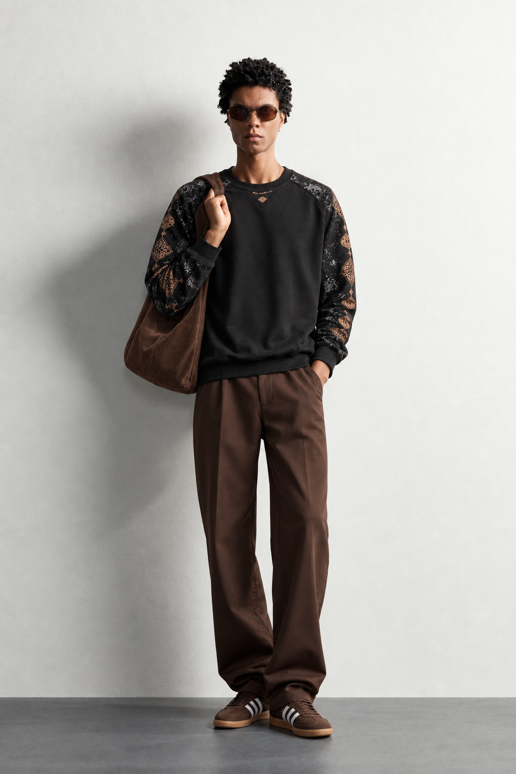Erkek Kolu Etnik Desen Baskılı Bisiklet Yaka Oversize Sweatshirt