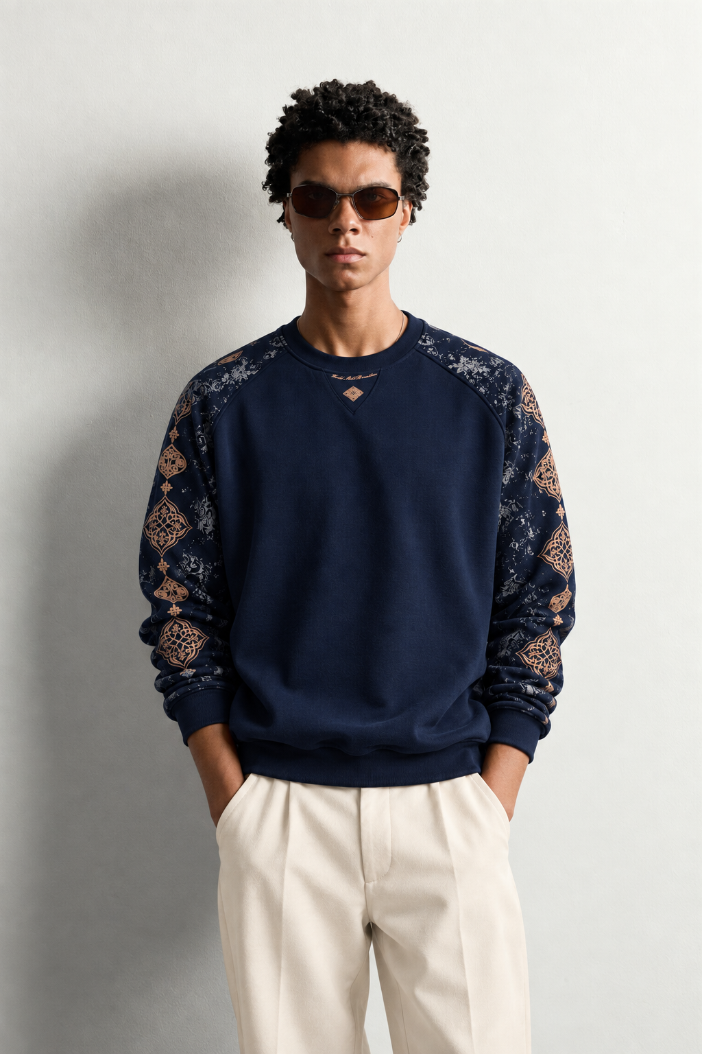 Erkek Kolu Etnik Desen Baskılı Bisiklet Yaka Oversize Sweatshirt