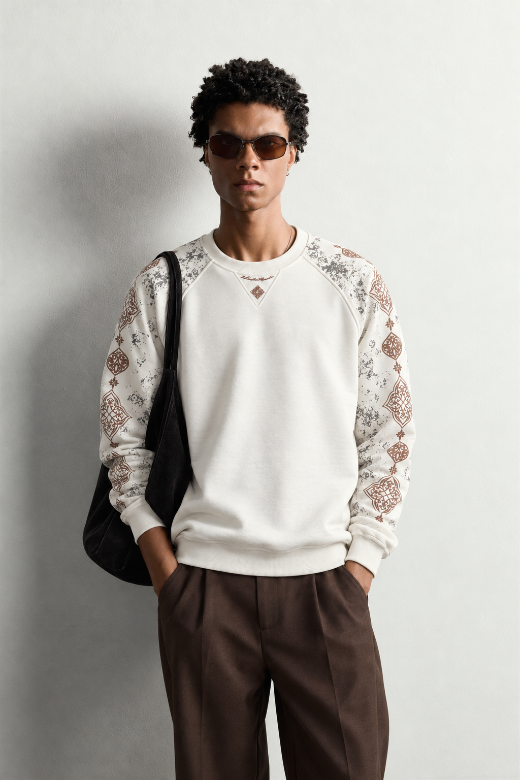 Erkek Kolu Etnik Desen Baskılı Bisiklet Yaka Oversize Sweatshirt