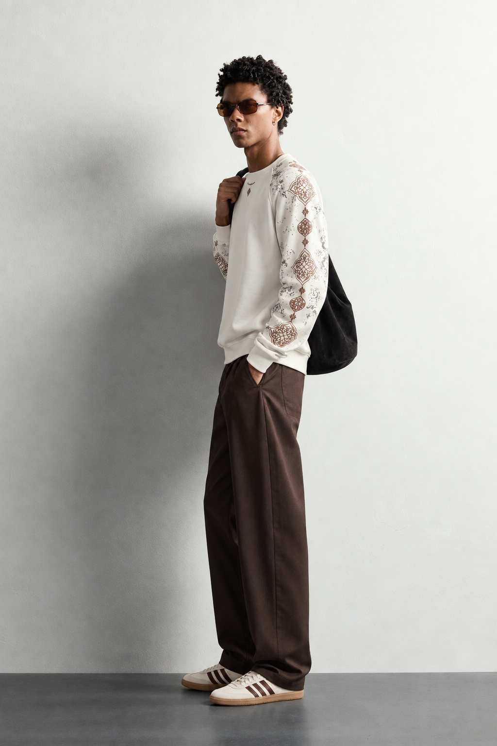 Erkek Kolu Etnik Desen Baskılı Bisiklet Yaka Oversize Sweatshirt