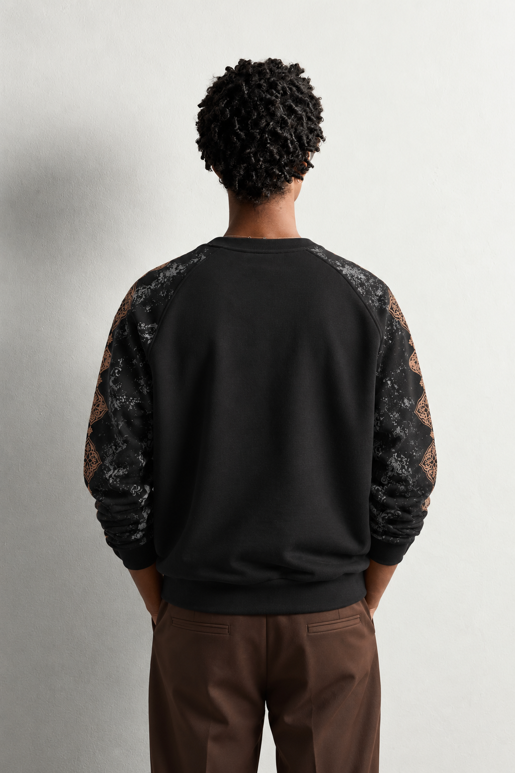 Erkek Kolu Etnik Desen Baskılı Bisiklet Yaka Oversize Sweatshirt