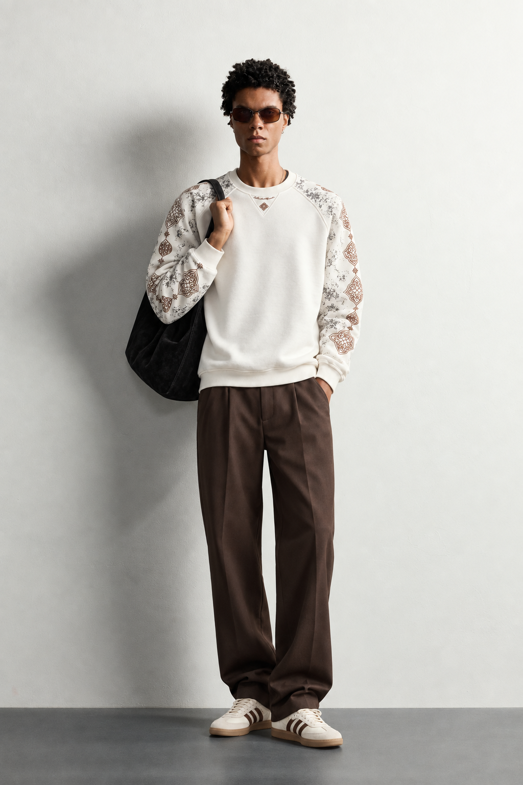 Erkek Kolu Etnik Desen Baskılı Bisiklet Yaka Oversize Sweatshirt