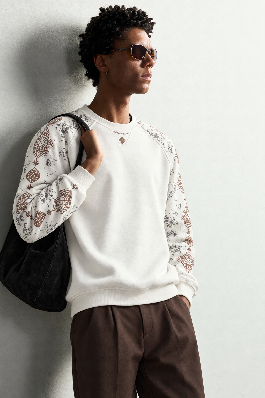 Erkek Kolu Etnik Desen Baskılı Bisiklet Yaka Oversize Sweatshirt