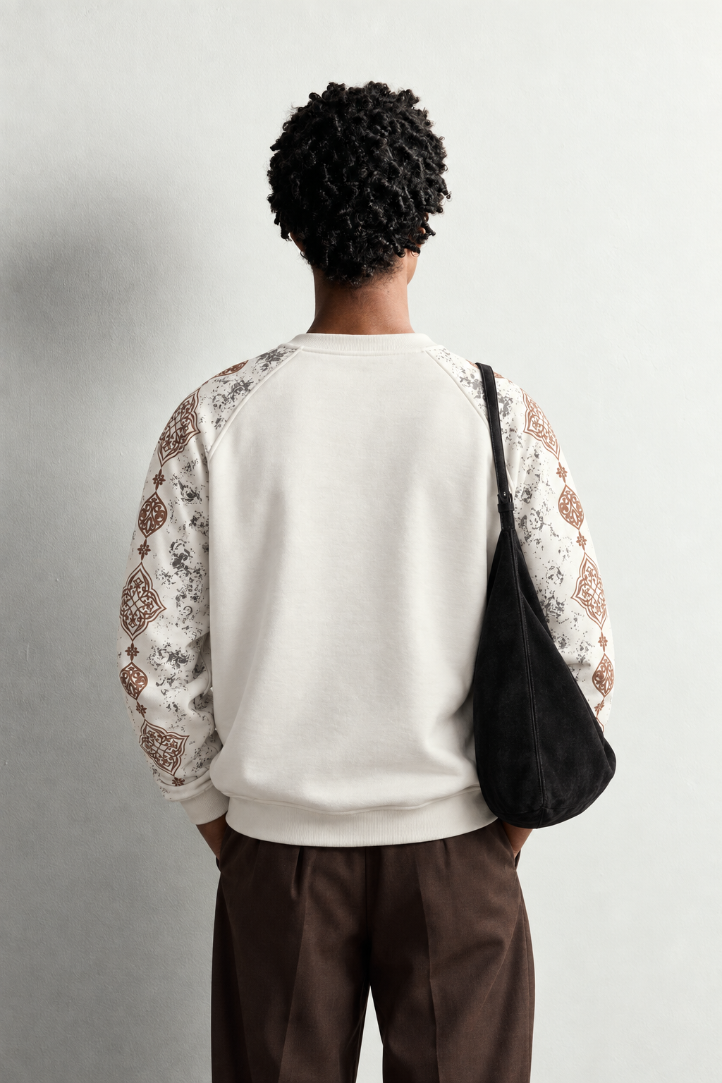 Erkek Kolu Etnik Desen Baskılı Bisiklet Yaka Oversize Sweatshirt