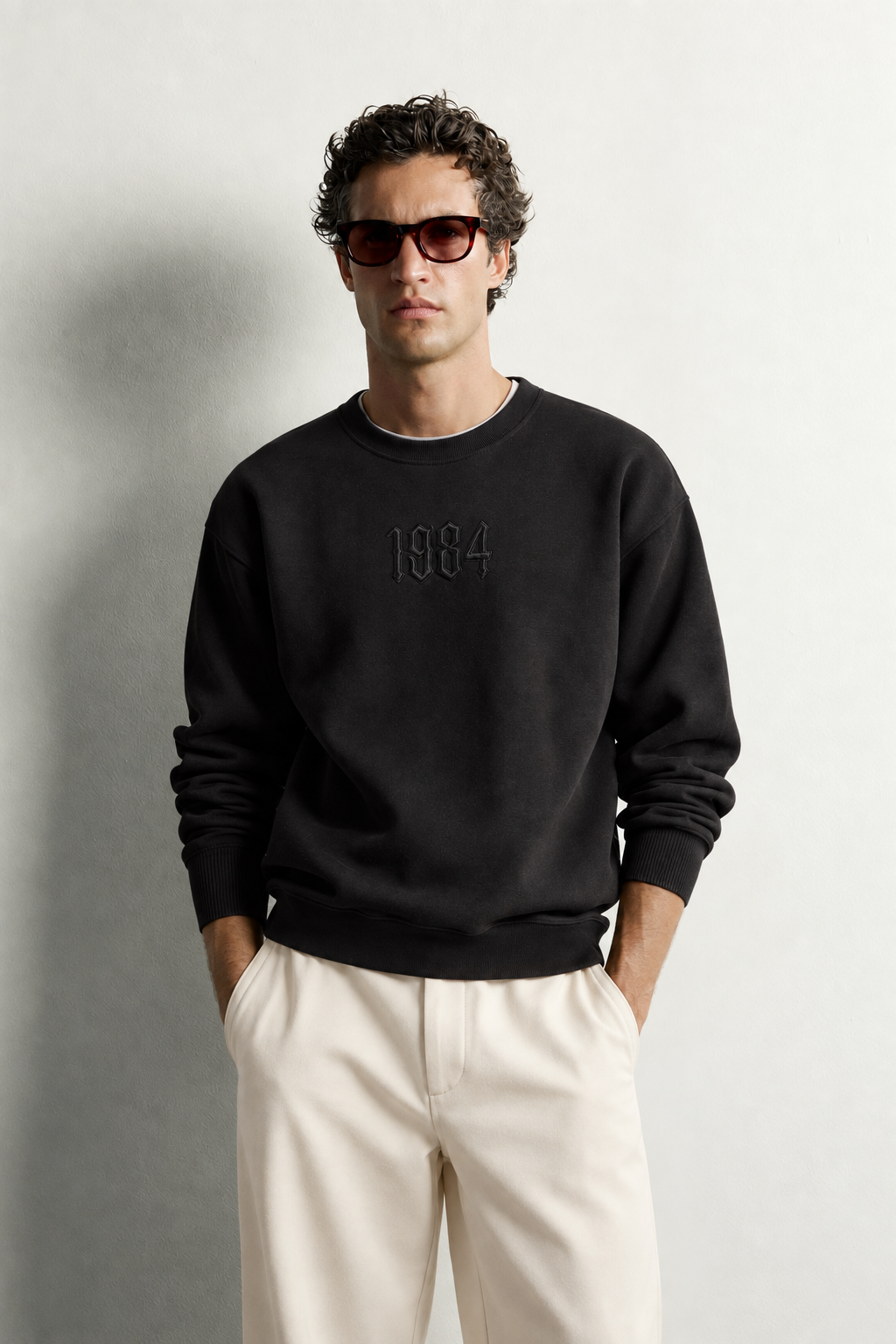 Erkek Ön ve Sırt Kabartma Nakış Detaylı Bisiklet Yaka Oversize Sweatshirt