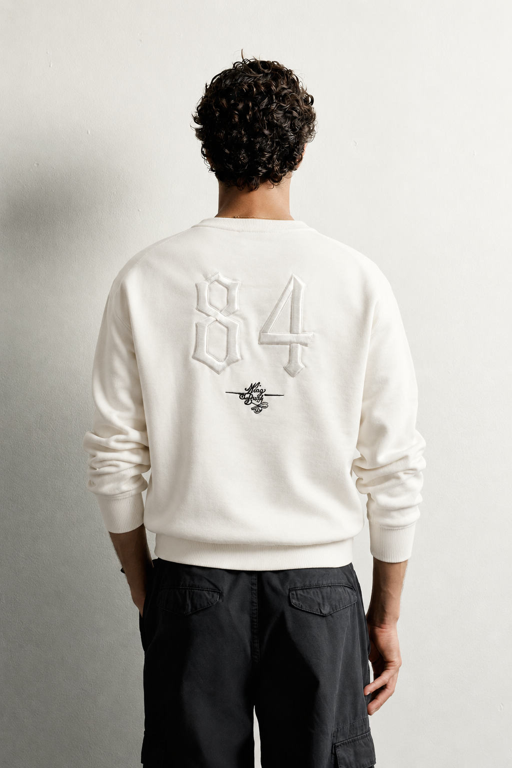Erkek Ön ve Sırt Kabartma Nakış Detaylı Bisiklet Yaka Oversize Sweatshirt