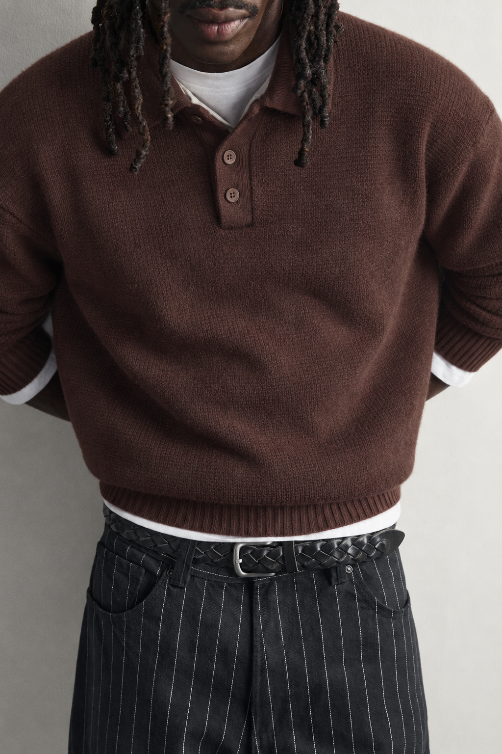 Erkek Polo Yaka Düğmeli Oversize Yün Karışımlı Triko Kazak