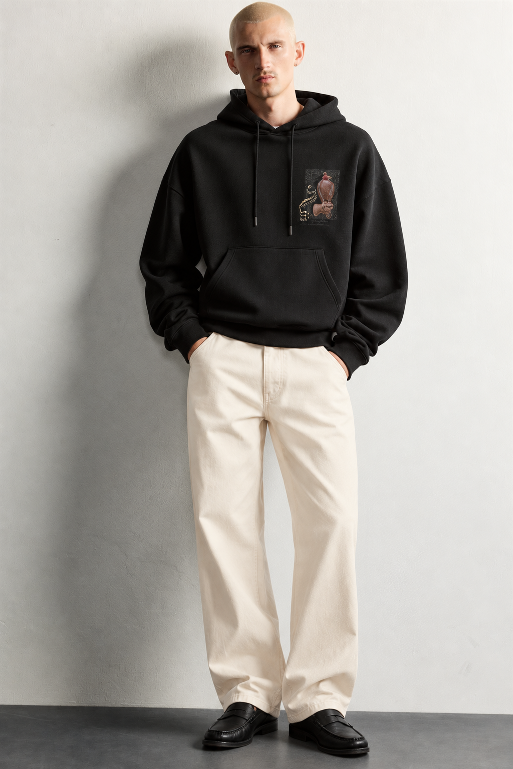 Erkek Şardonlu Şahin Figürlü Kapüşonlu Oversize Sweatshirt