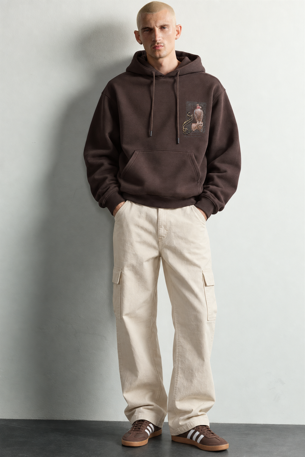 Erkek Şardonlu Şahin Figürlü Kapüşonlu Oversize Sweatshirt