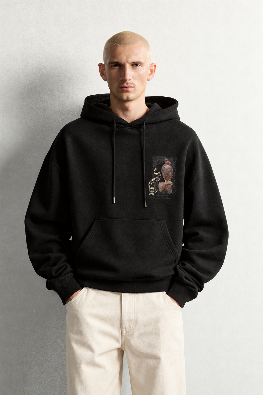 Erkek Şardonlu Şahin Figürlü Kapüşonlu Oversize Sweatshirt