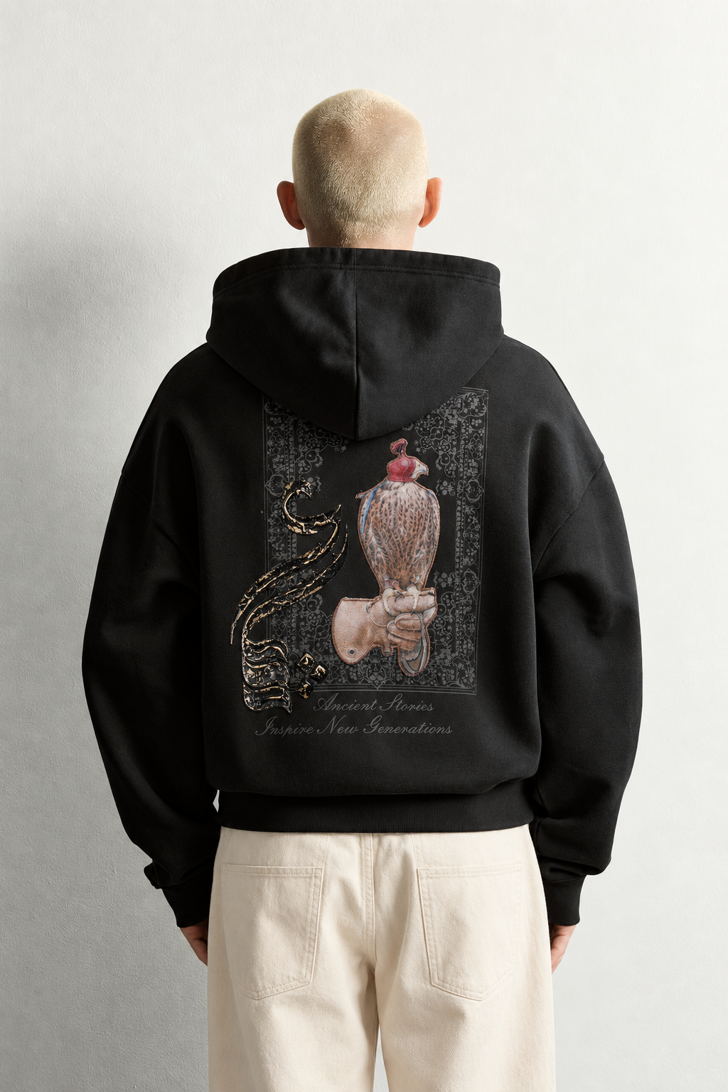 Erkek Şardonlu Şahin Figürlü Kapüşonlu Oversize Sweatshirt
