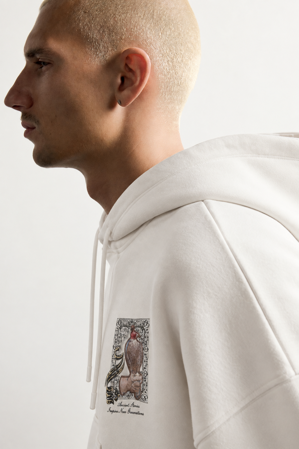 Erkek Şardonlu Şahin Figürlü Kapüşonlu Oversize Sweatshirt