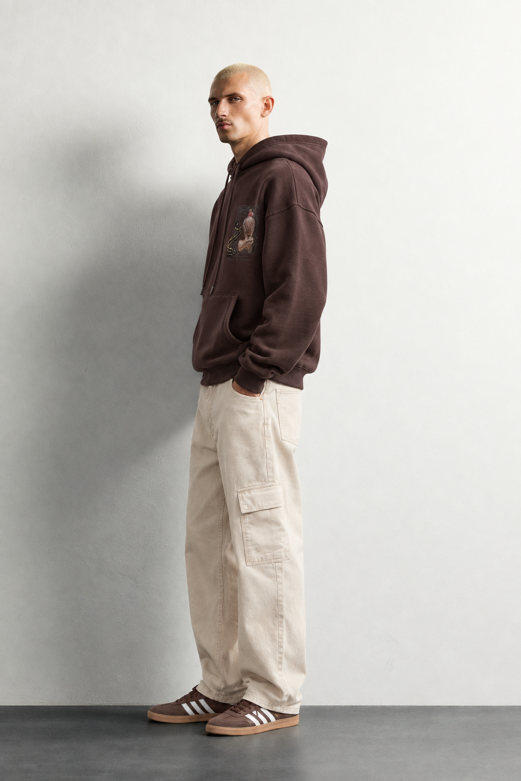 Erkek Şardonlu Şahin Figürlü Kapüşonlu Oversize Sweatshirt