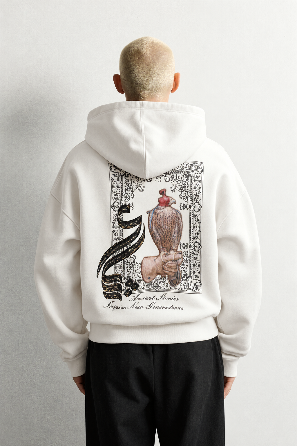 Erkek Şardonlu Şahin Figürlü Kapüşonlu Oversize Sweatshirt