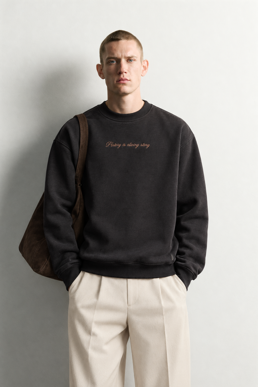 Erkek Sırt Çerçeve Baskılı Şardonlu Bisiklet Yaka Oversize Sweatshirt