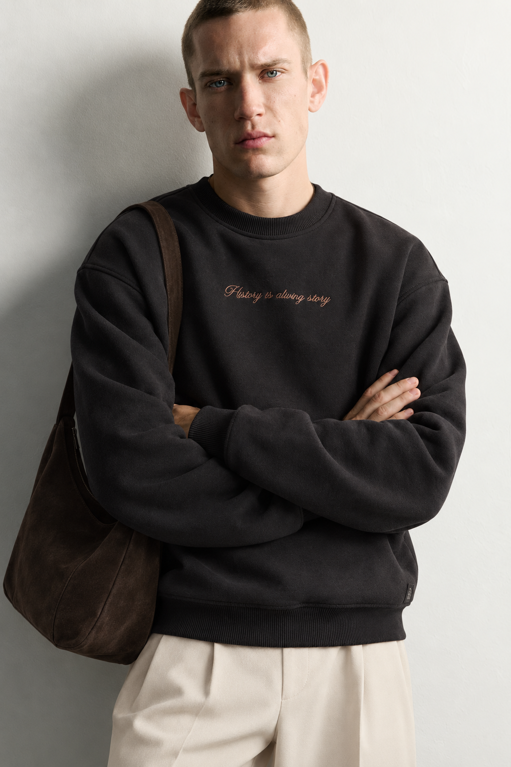 Erkek Sırt Çerçeve Baskılı Şardonlu Bisiklet Yaka Oversize Sweatshirt