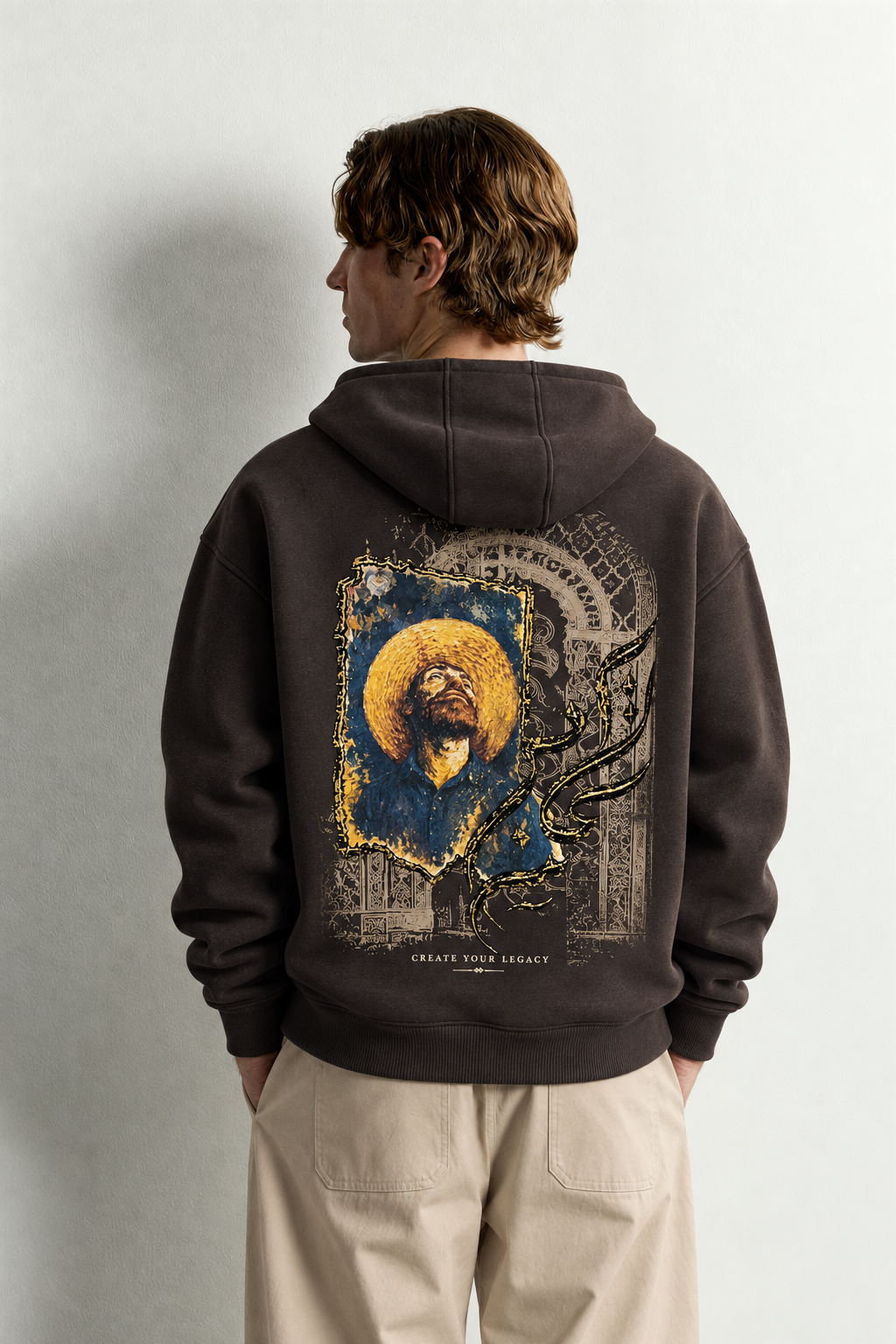 Erkek Van Gogh Patch Baskılı Şardonlu Kapüşonlu Oversize Sweatshirt