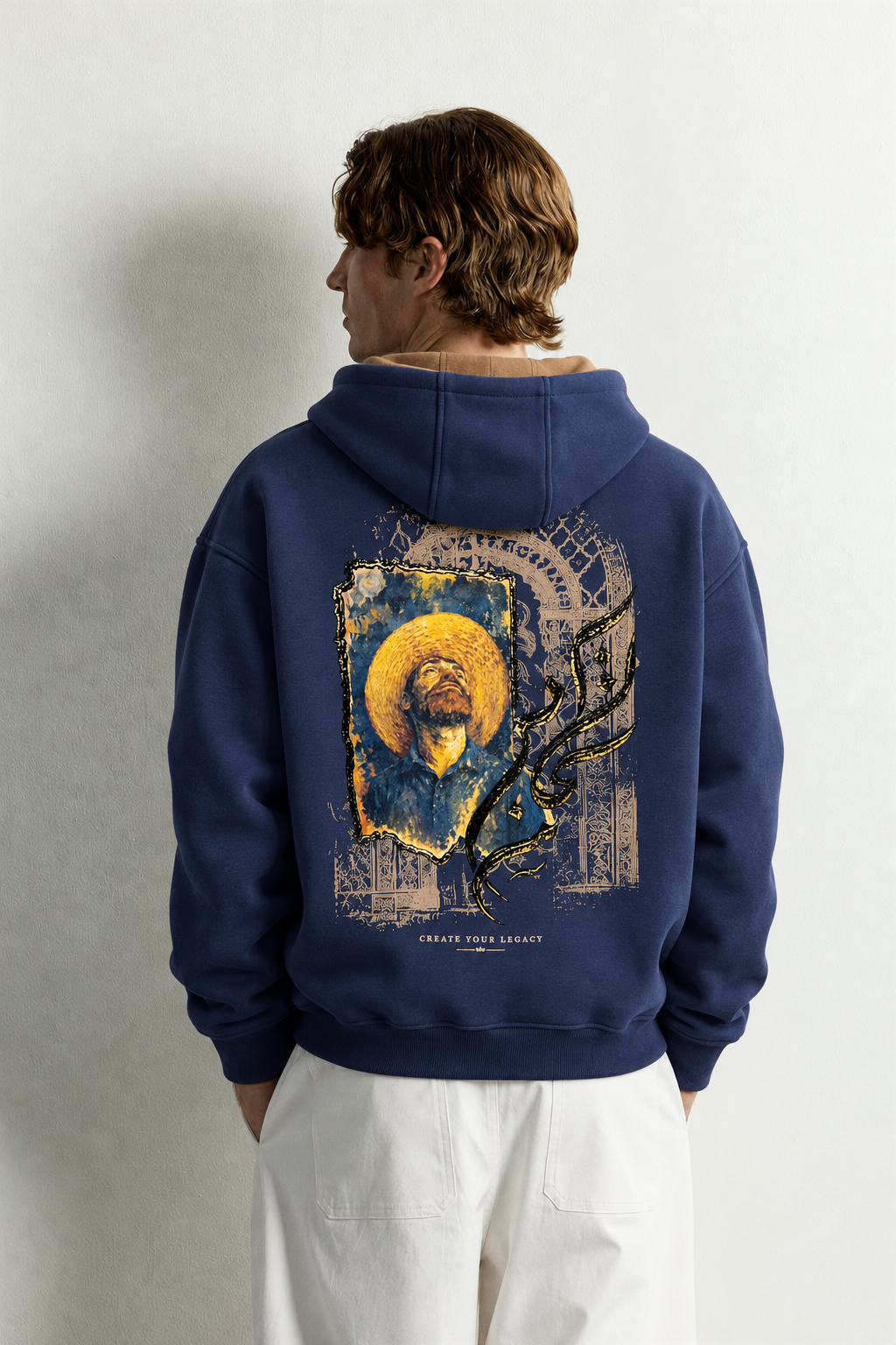 Erkek Van Gogh Patch Baskılı Şardonlu Kapüşonlu Oversize Sweatshirt