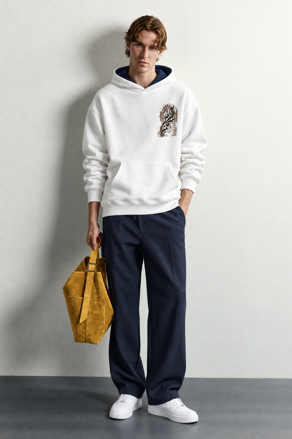 Erkek Van Gogh Patch Baskılı Şardonlu Kapüşonlu Oversize Sweatshirt
