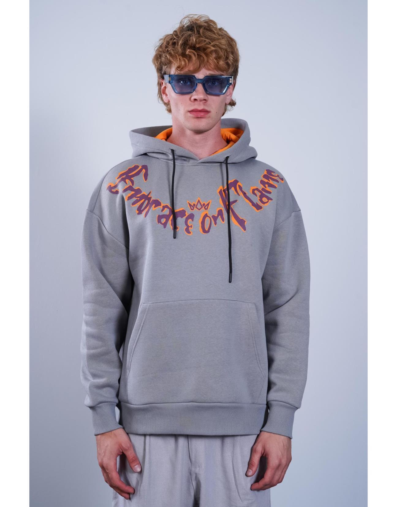 Kanguru Cepli Önü Baskılı Ribanalı Erkek Oversize Kalıp Kapuşonlu Sweatshirt