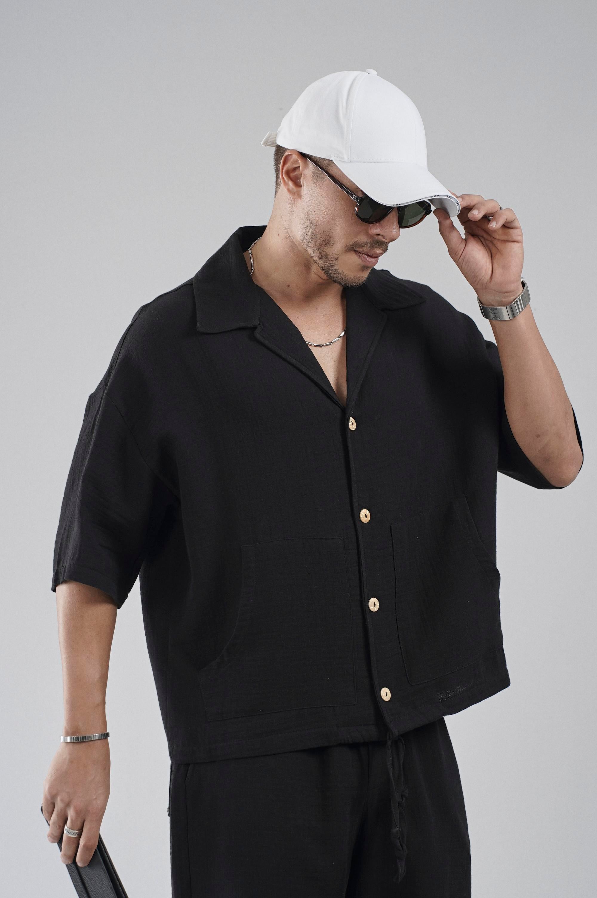 Kanguru Cepli Oversize Kalıp Erkek Gömlek Şort Alt Üst Takım