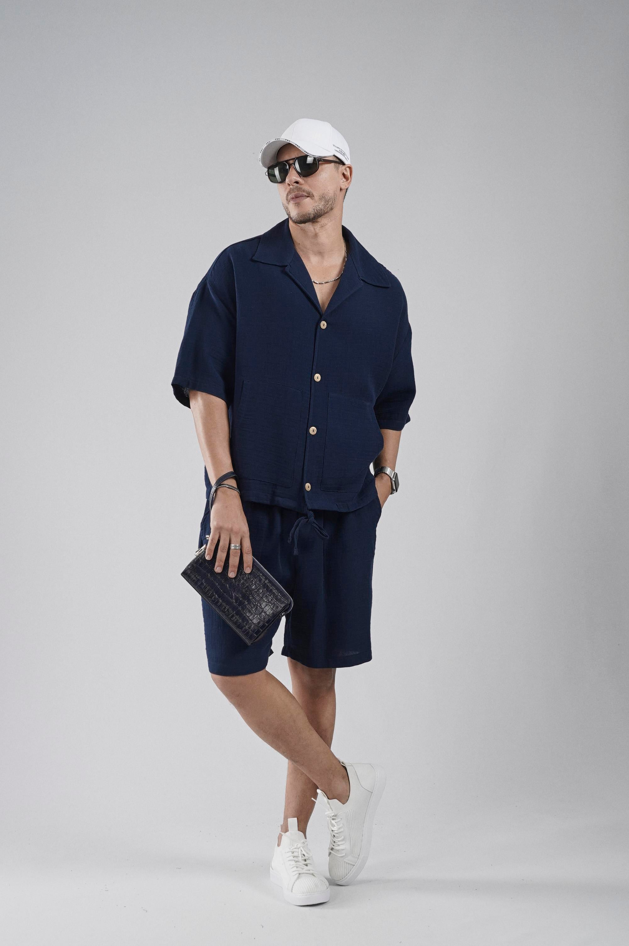 Kanguru Cepli Oversize Kalıp Erkek Gömlek Şort Alt Üst Takım