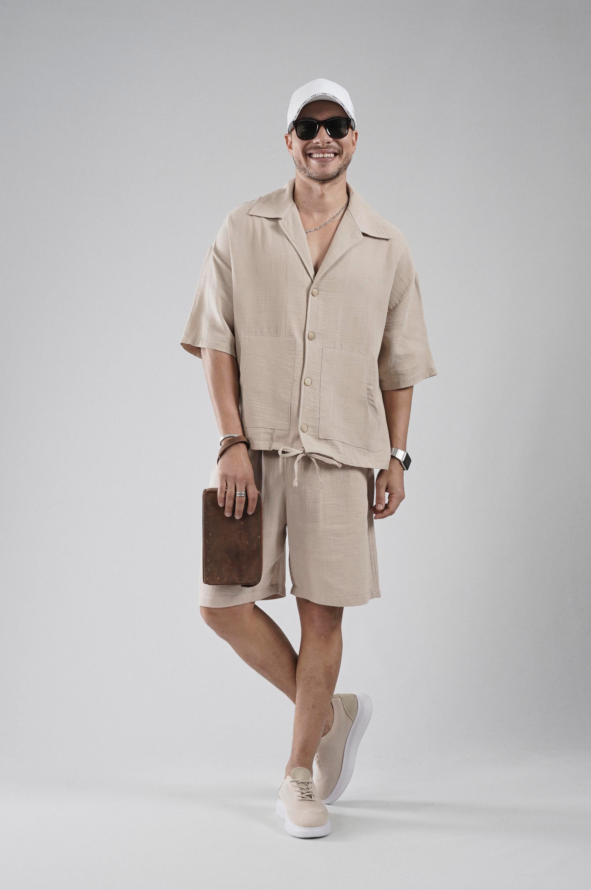 Kanguru Cepli Oversize Kalıp Erkek Gömlek Şort Alt Üst Takım