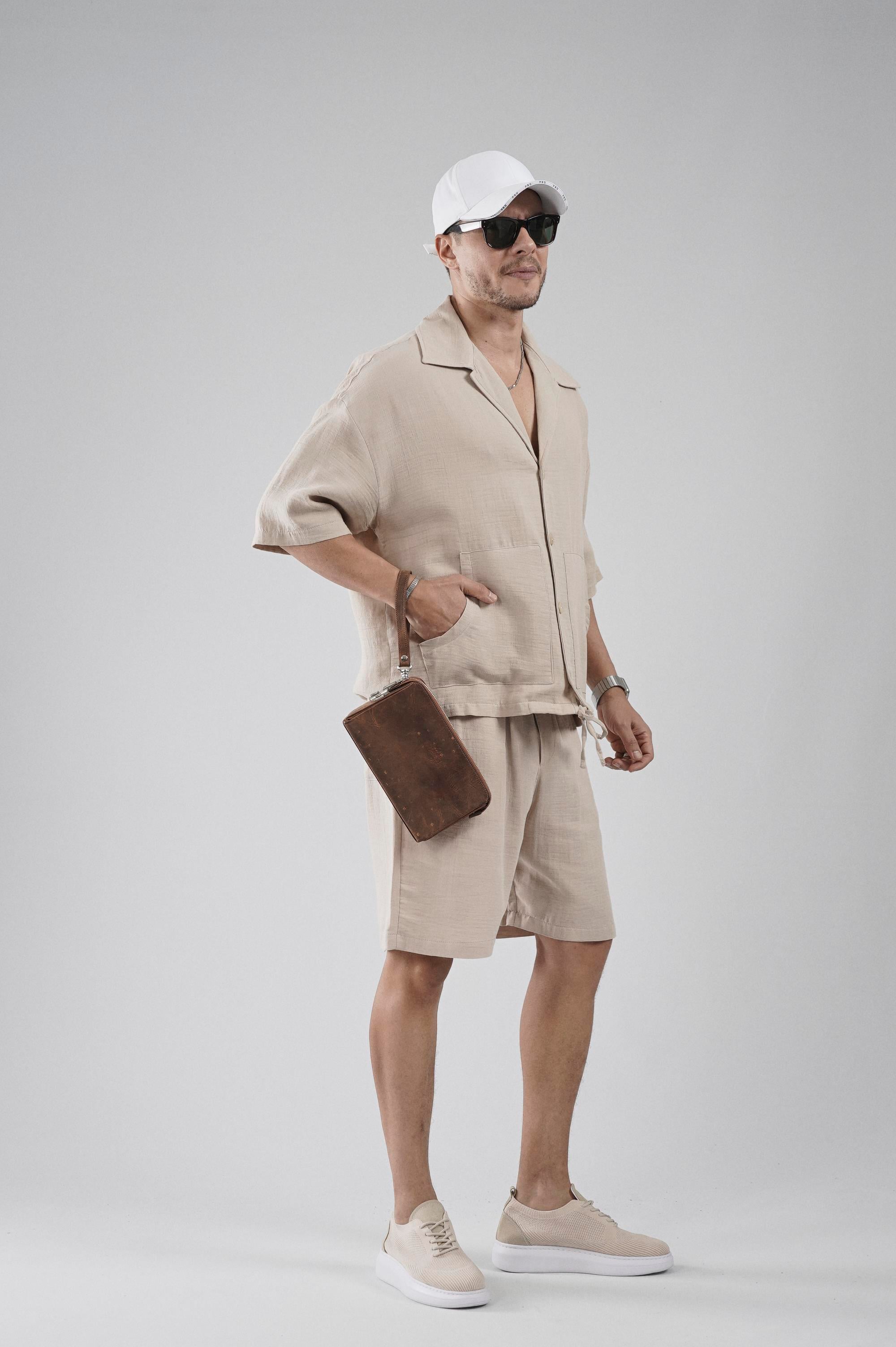 Kanguru Cepli Oversize Kalıp Erkek Gömlek Şort Alt Üst Takım