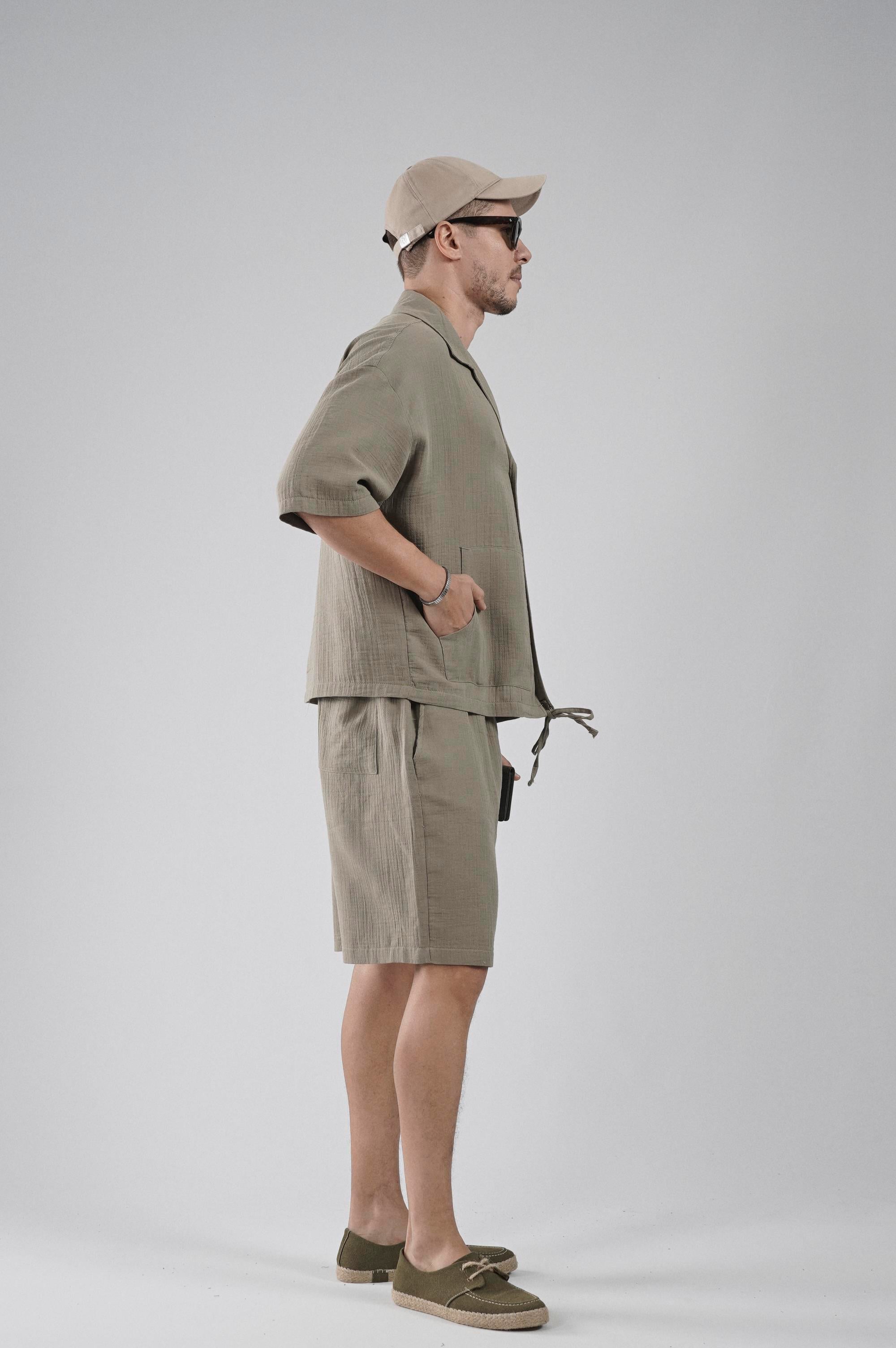 Kanguru Cepli Oversize Kalıp Erkek Gömlek Şort Alt Üst Takım