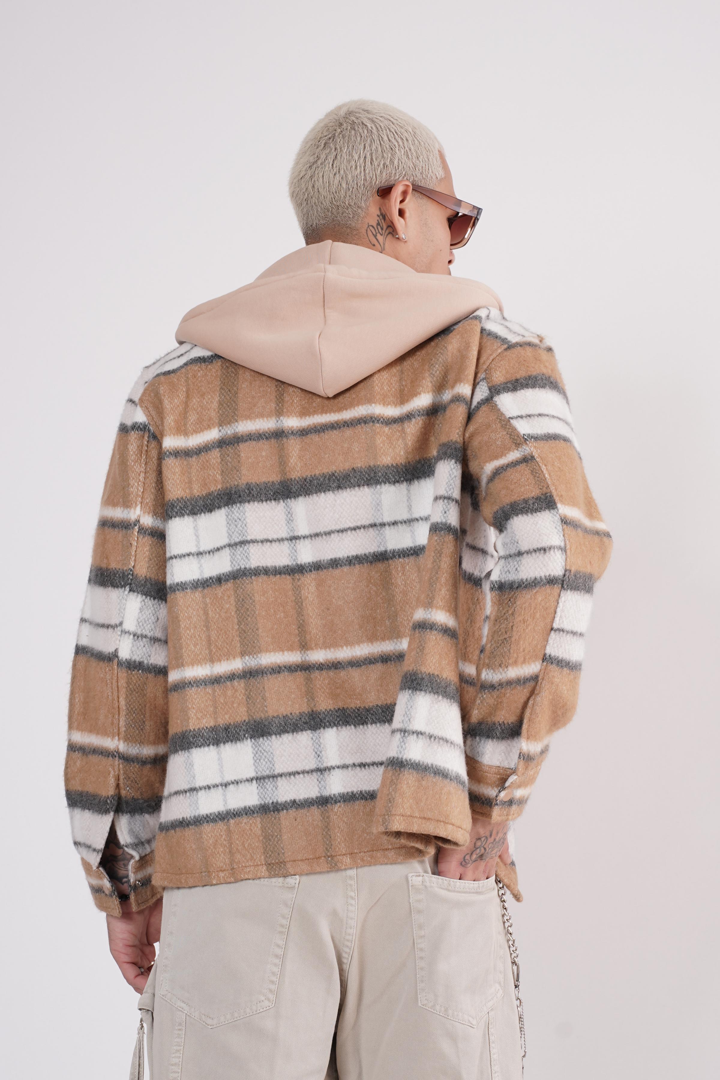 Kapuşonlu Ekoseli Unisex Kaşe Gömlek