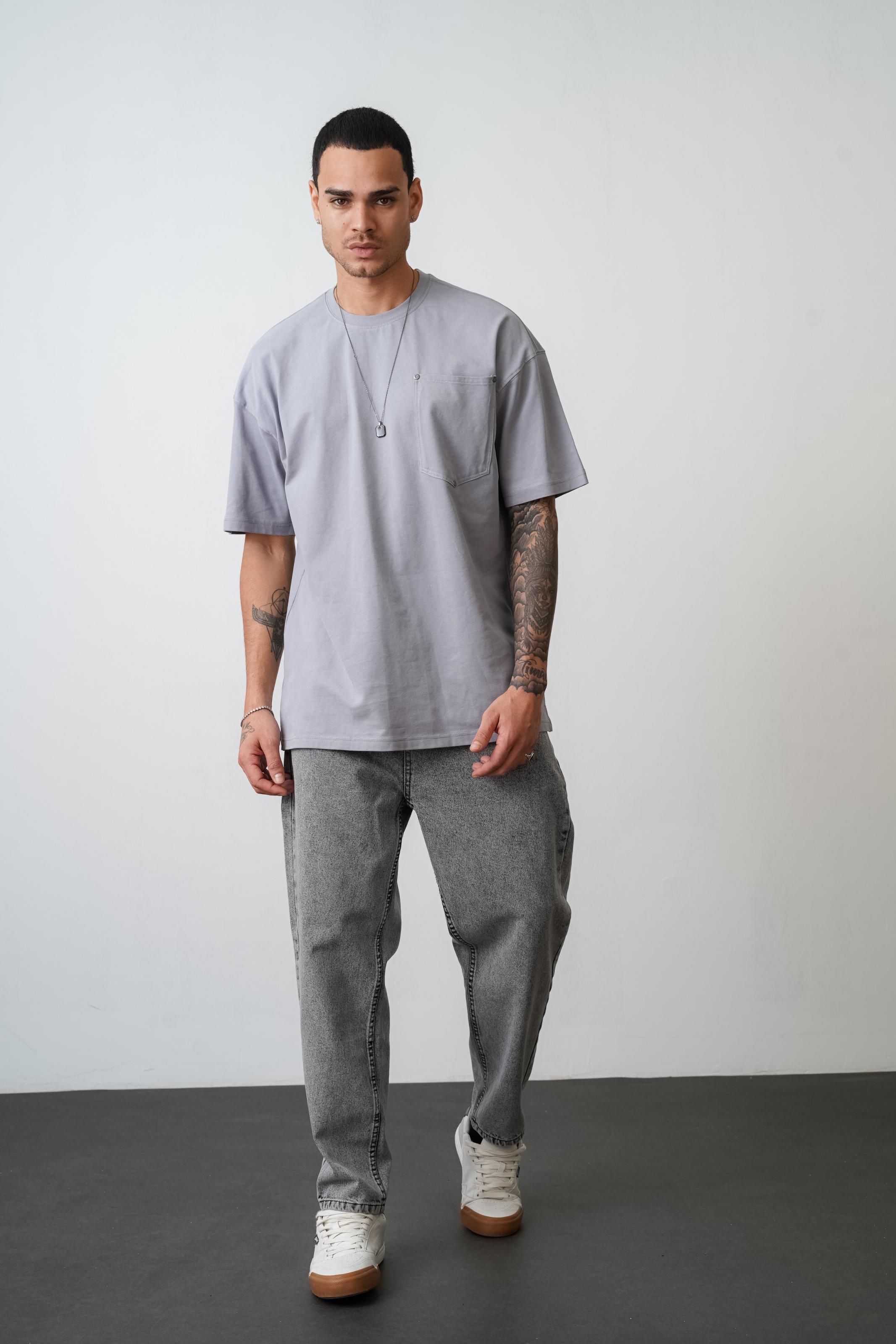 Kingbrich Bisiklet Yaka Tek Cepli  Oversize Kalıp Erkek Tişört