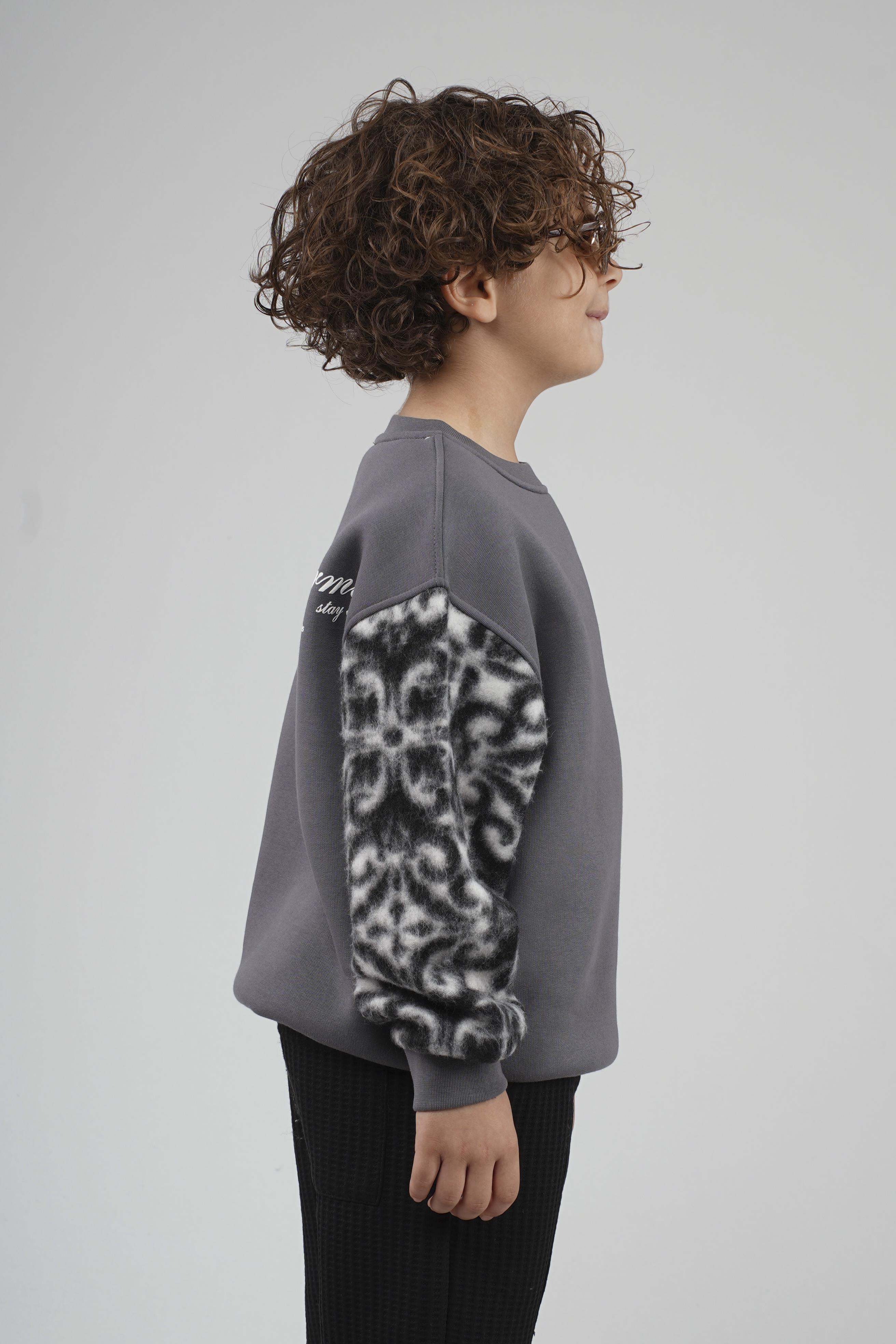 Kingbrich Kids Bisiklet Yaka Kolu Garnili Baskılı Çocuk Sweatshirt