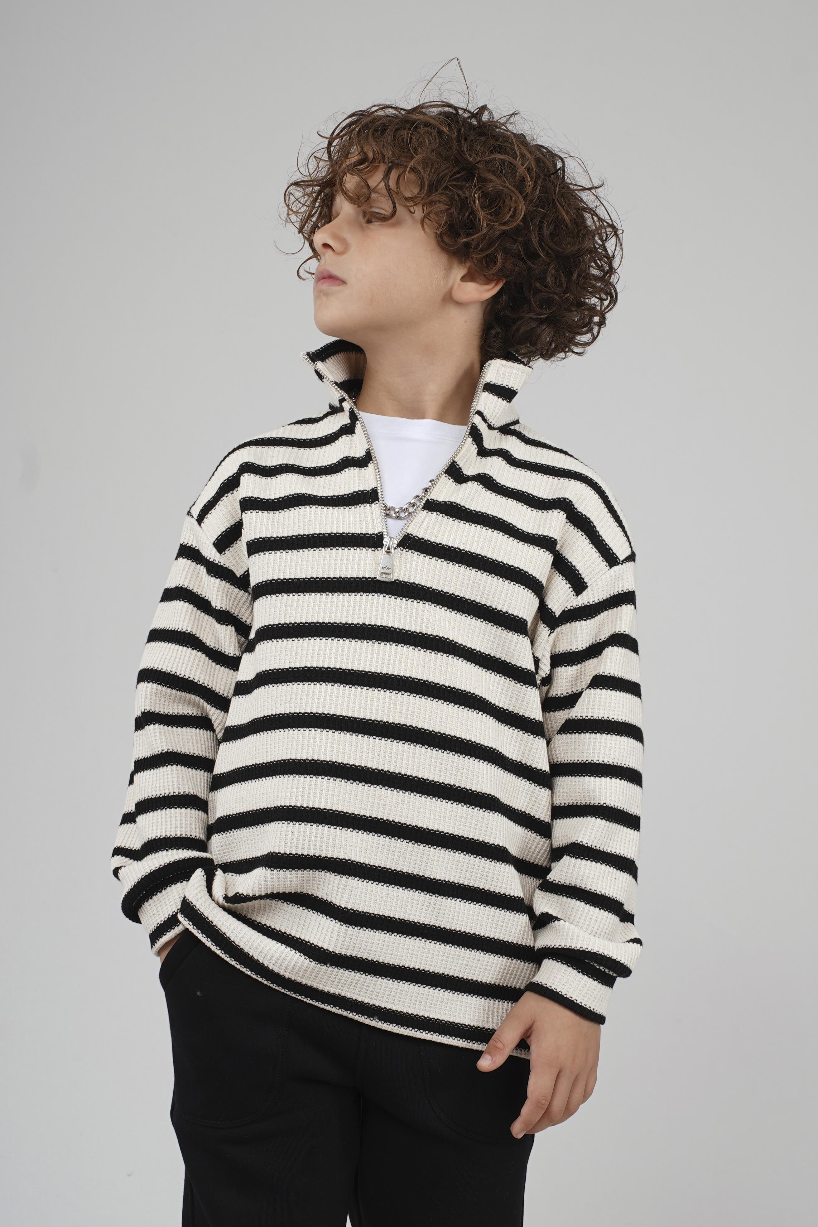 Kingbrich Kids Oversize Kalıp Çizgili Yakası Fermuarlı Sweatshirt