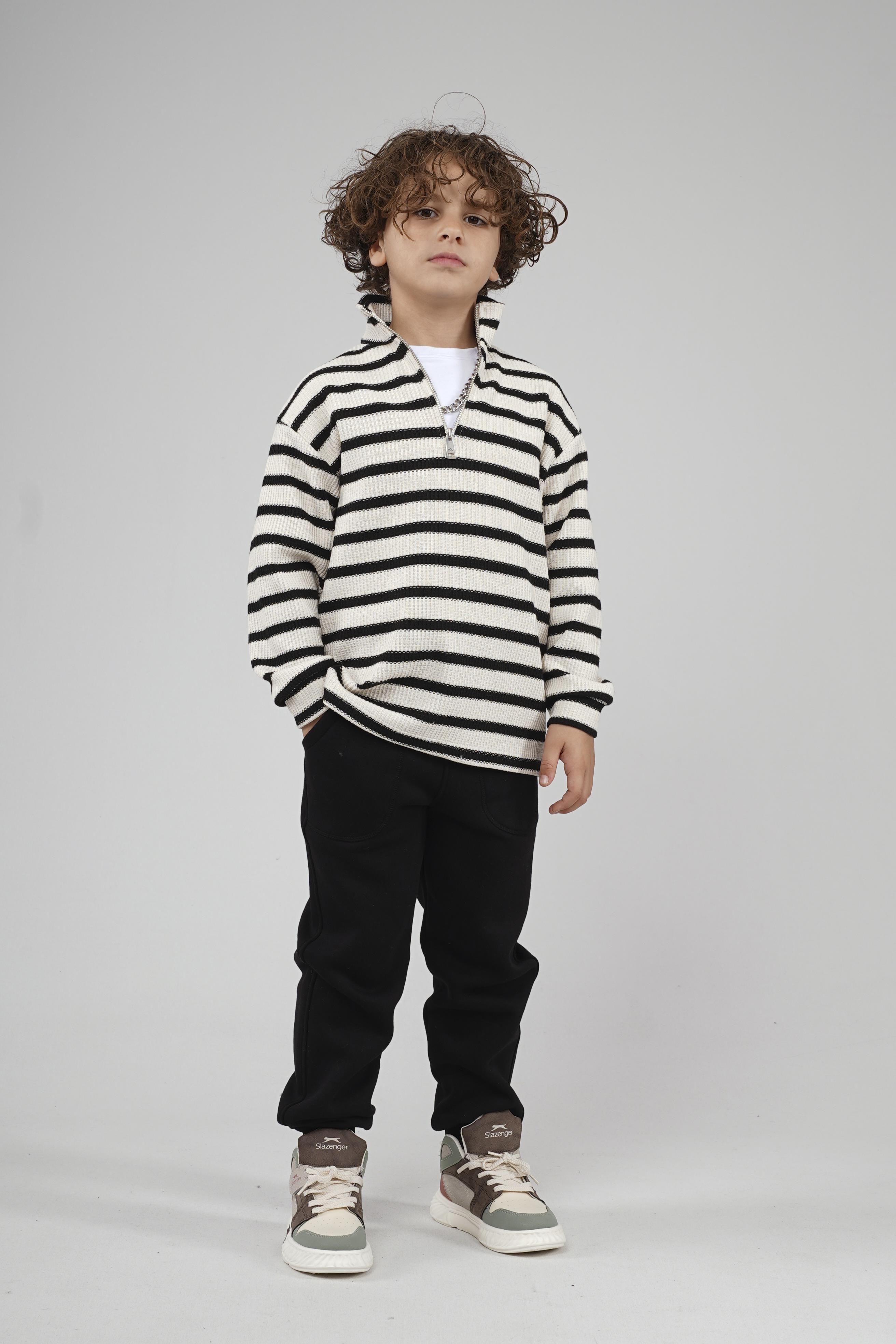 Kingbrich Kids Oversize Kalıp Çizgili Yakası Fermuarlı Sweatshirt