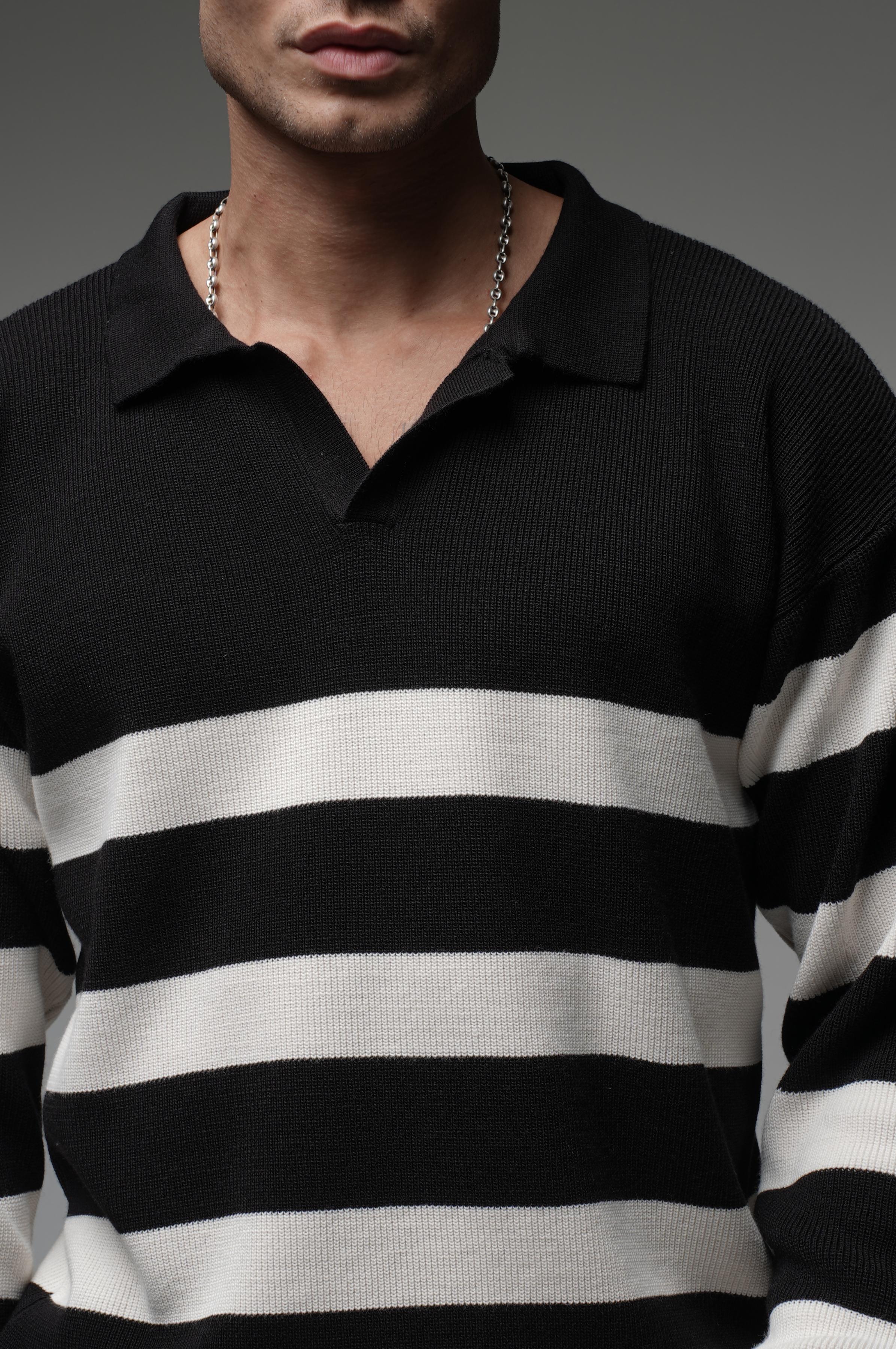 Kingbrich Polo Yaka Çizgili Oversize Kalıp Erkek Kazak
