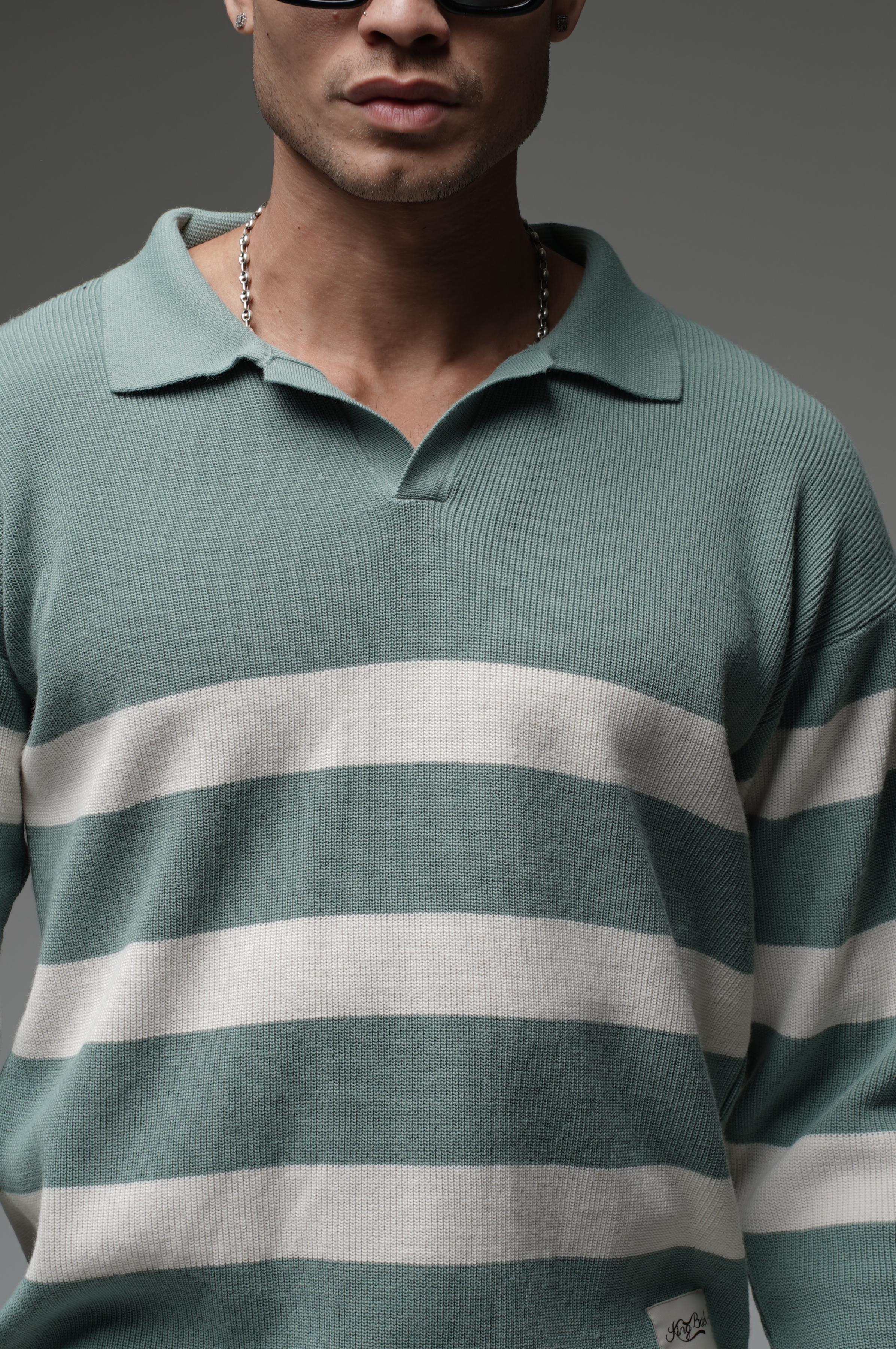 Kingbrich Polo Yaka Çizgili Oversize Kalıp Erkek Kazak