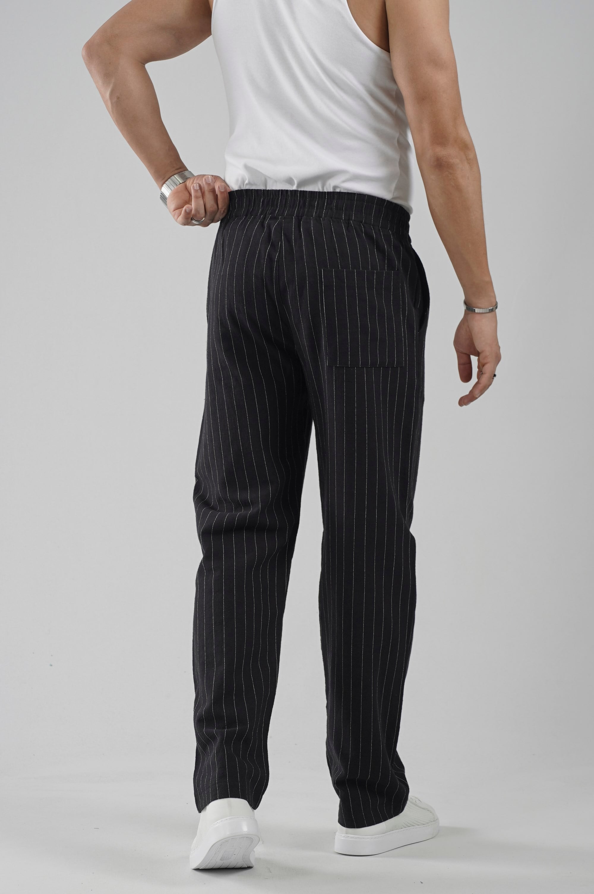 Pileli Baggy Fit Kalıp Pamuklu Keten Çizgili Pantolon