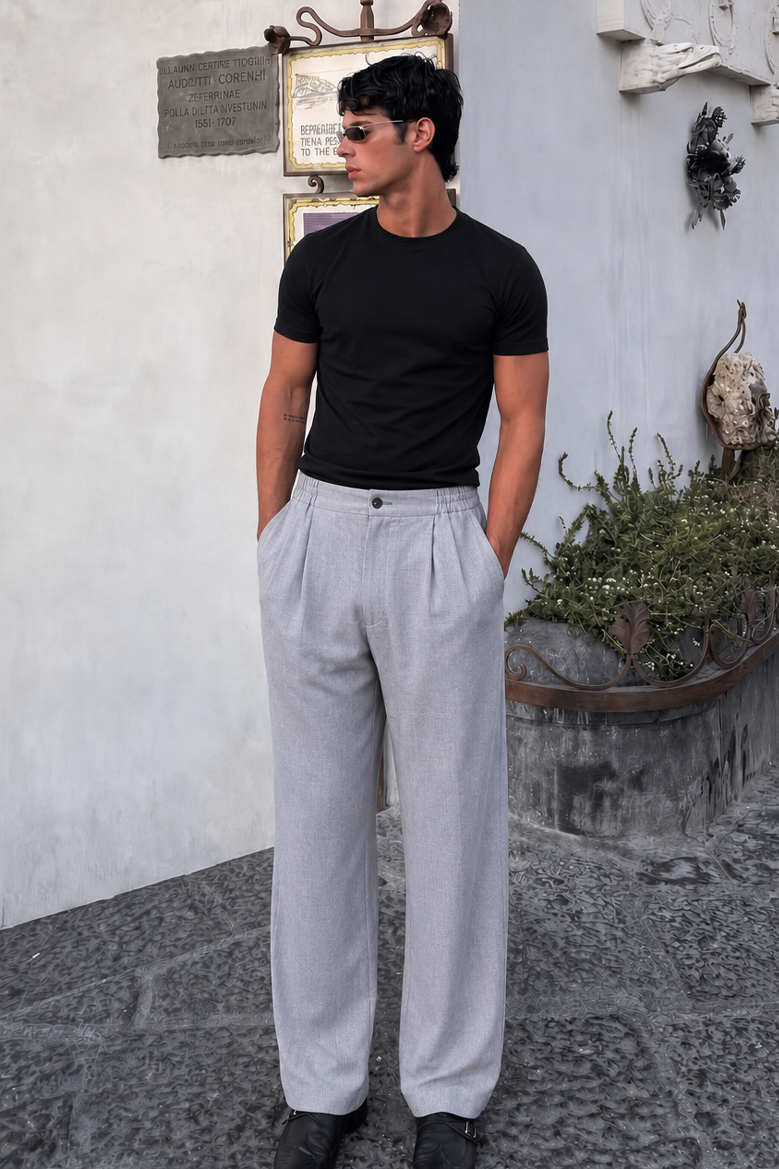 Pileli Baggy Fit Kalıp Pamuklu Keten Çizgili Pantolon