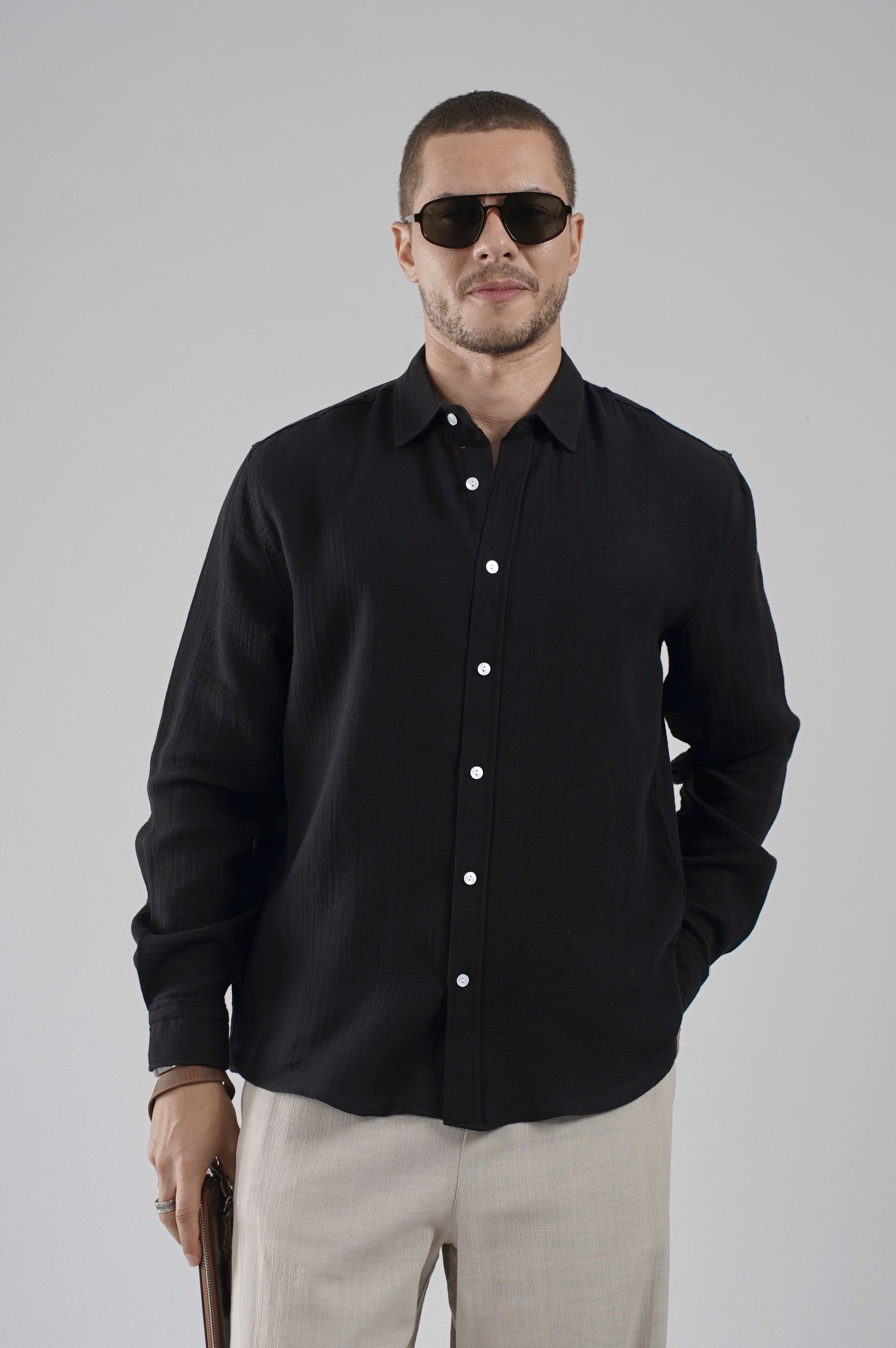 Regular Kalıp Müslin Kumaş %100 Pamuklu  Erkek Düz Renk Gömlek