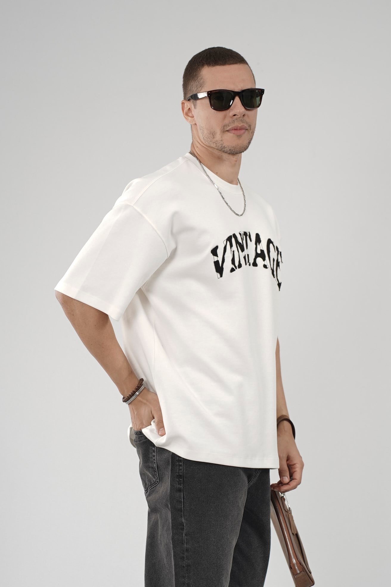 Vıntage Yazılı Bisiklet Yaka Oversize Kalıp Erkek Tişört