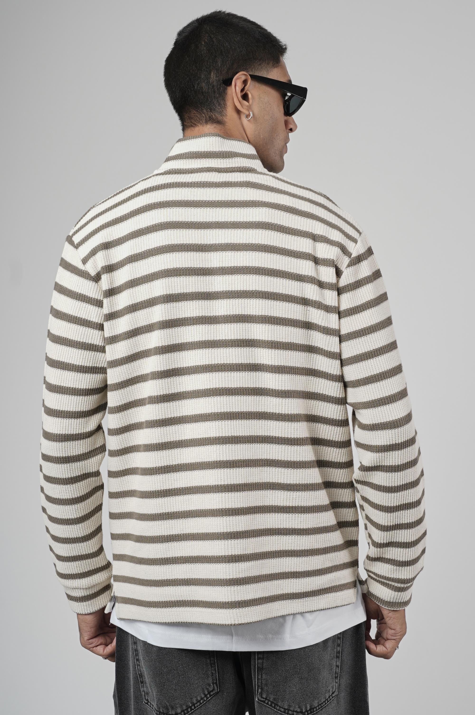 Yarım Fermuarlı Çizgili Regular Kalıp Jakarlı Sweatshirt