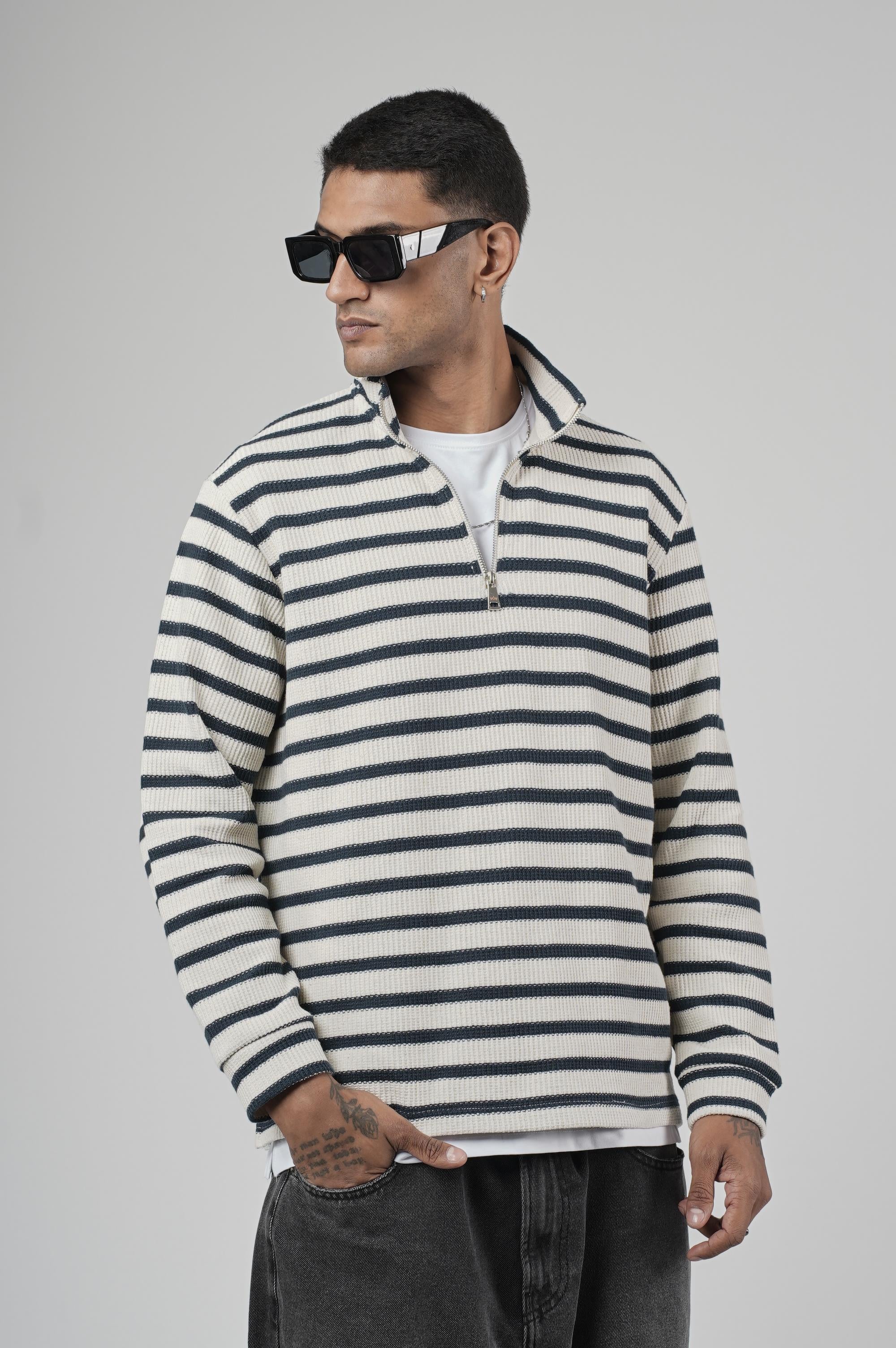 Yarım Fermuarlı Çizgili Regular Kalıp Jakarlı Sweatshirt