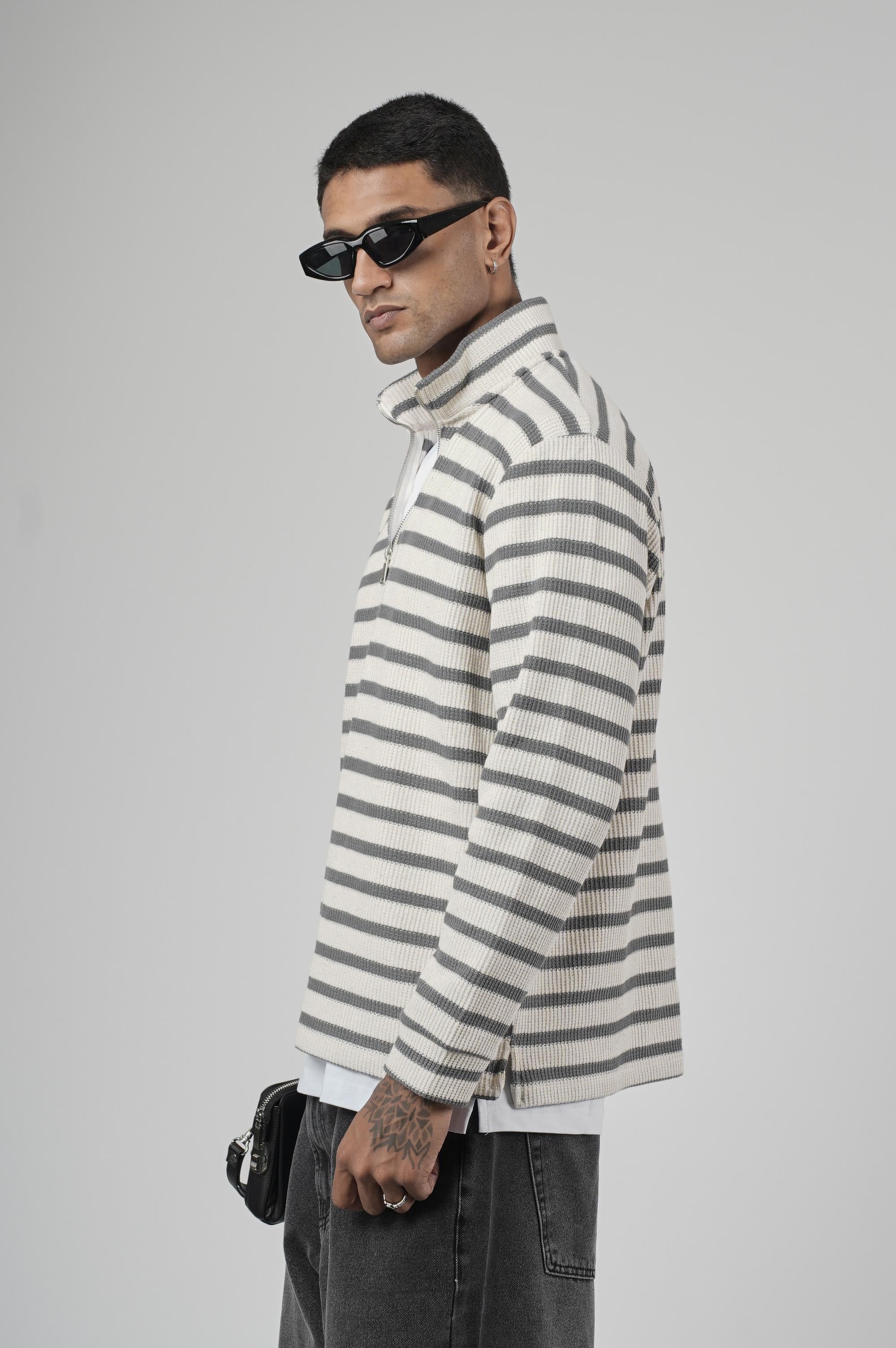 Yarım Fermuarlı Çizgili Regular Kalıp Jakarlı Sweatshirt