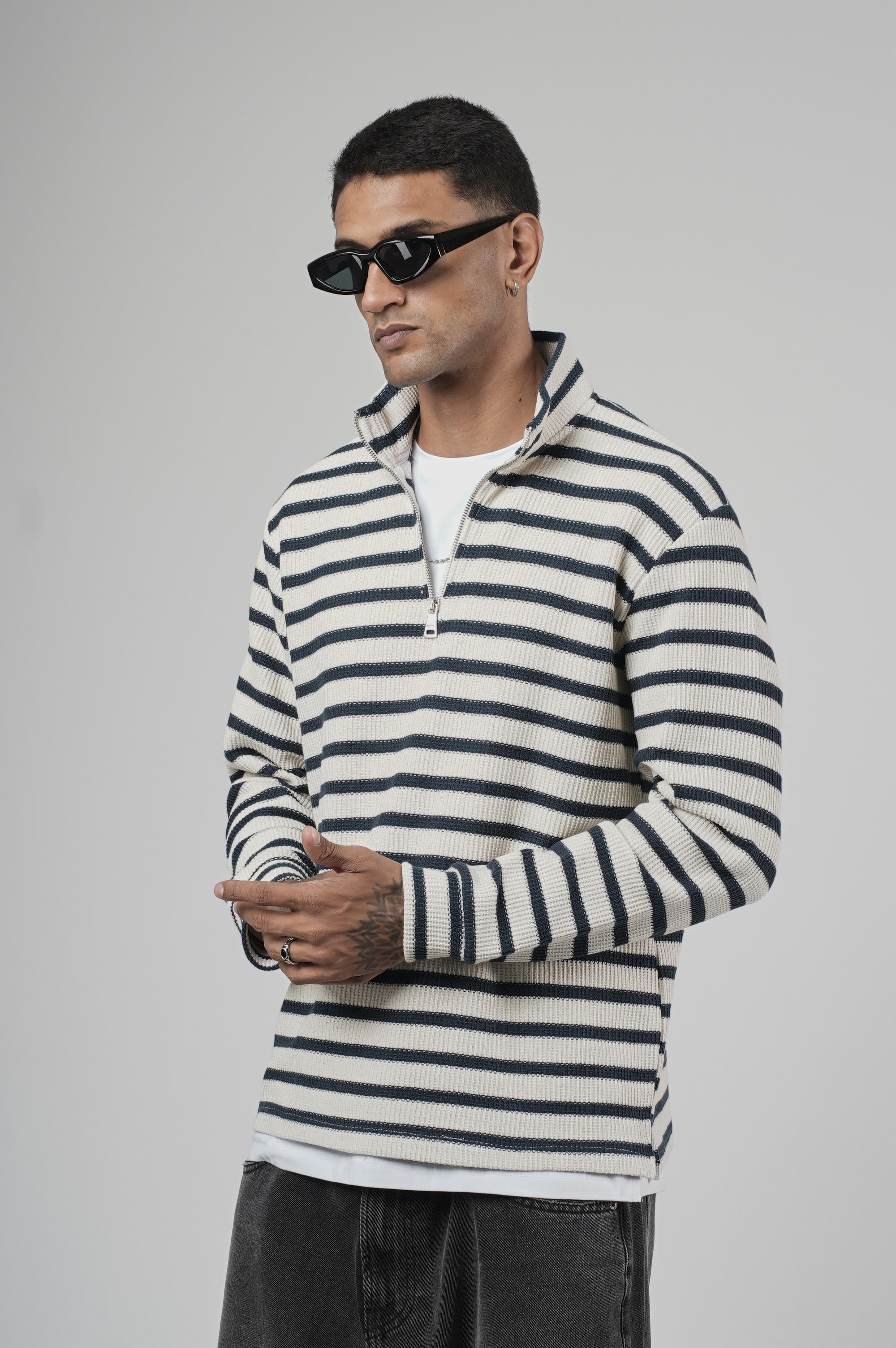 Yarım Fermuarlı Çizgili Regular Kalıp Jakarlı Sweatshirt