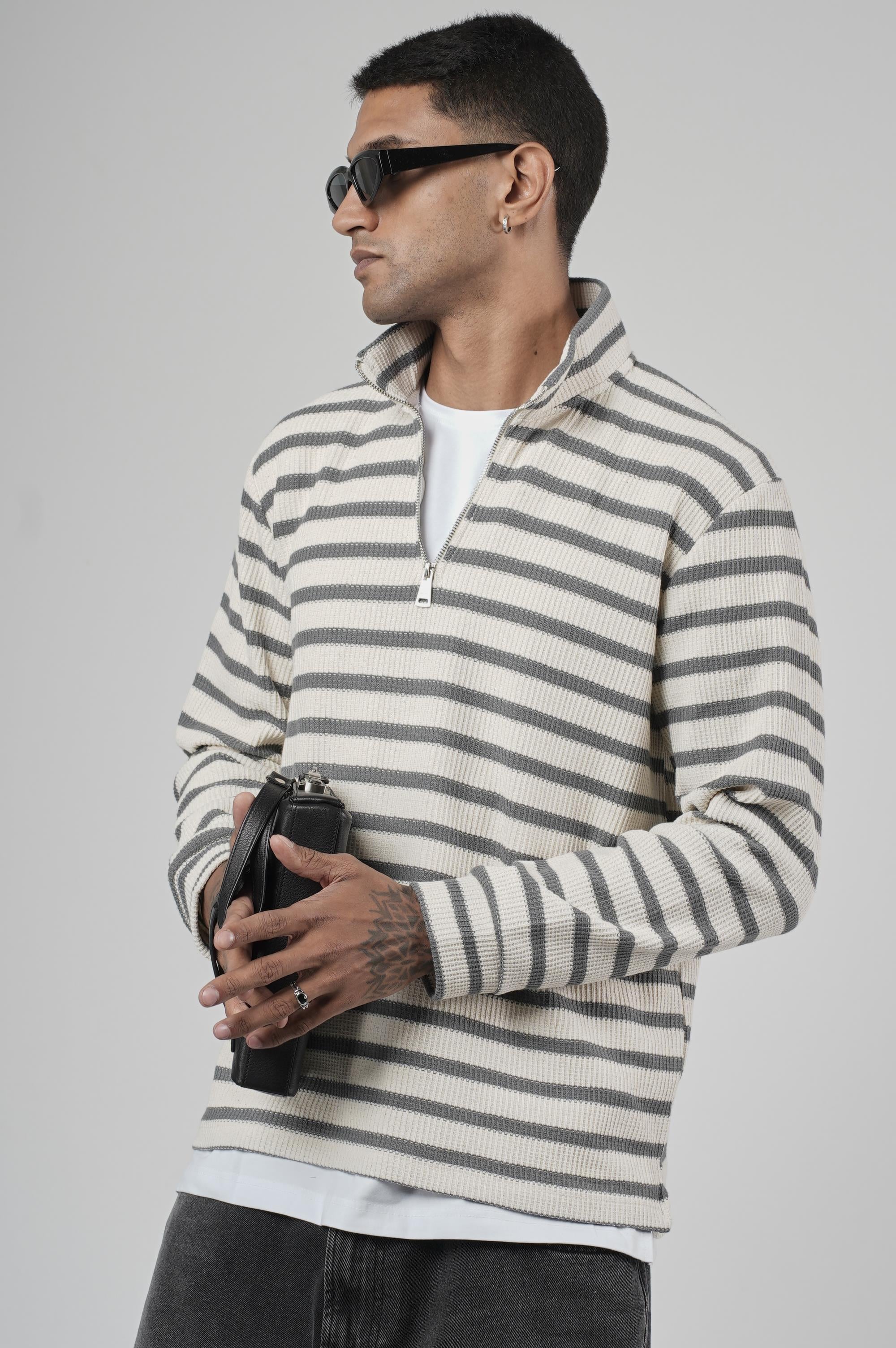 Yarım Fermuarlı Çizgili Regular Kalıp Jakarlı Sweatshirt
