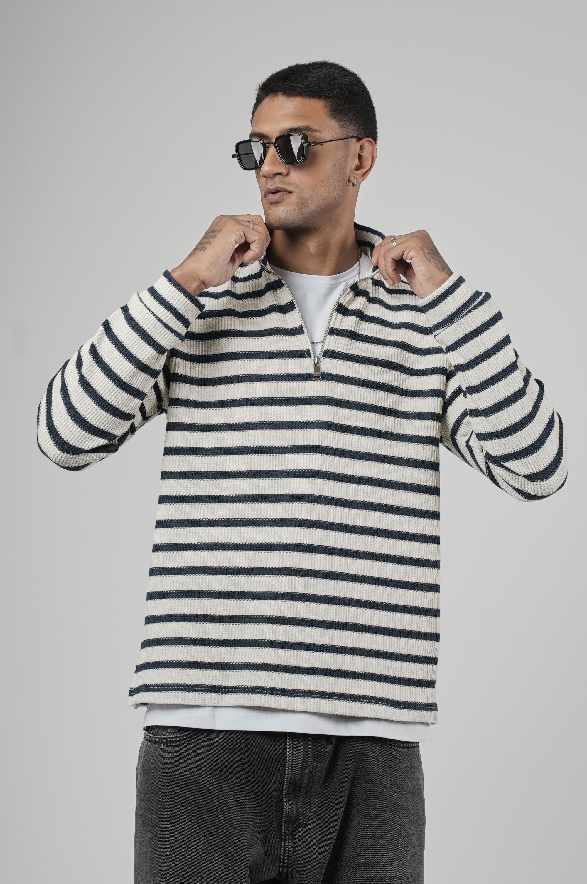 Yarım Fermuarlı Çizgili Regular Kalıp Jakarlı Sweatshirt